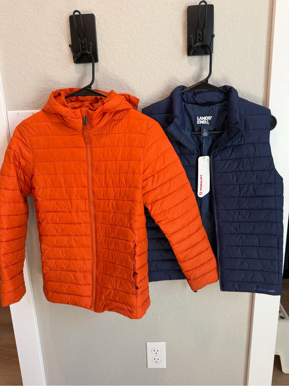 Lands' End Kids Orange Hooded Puffer with Navy Vest